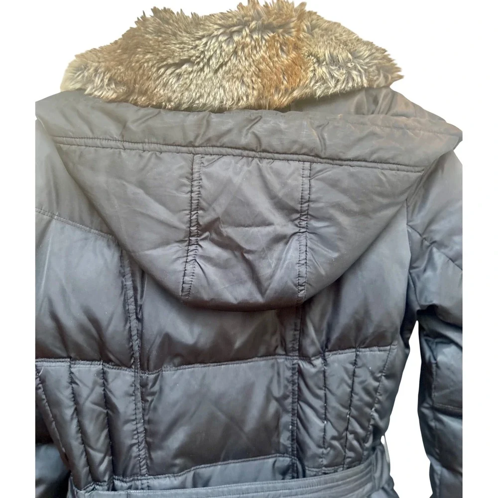 Vince Camuto Women's Black Belted Faux Fur Hooded Down Puffer‎ Coat Size M